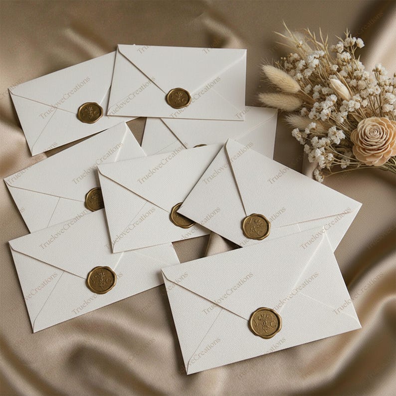 May include: Several ivory envelopes sealed with gold wax stamps, arranged on a satin surface. A bouquet of dried flowers is in the background. The envelopes have the text "Truelove Creations" printed on them.
