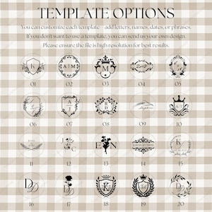 May include: A range of template options for custom designs, showcasing circular designs with initials, names, and dates. The templates include floral, crest, and monogram styles, with the text "TEMPLATE OPTIONS" at the top.