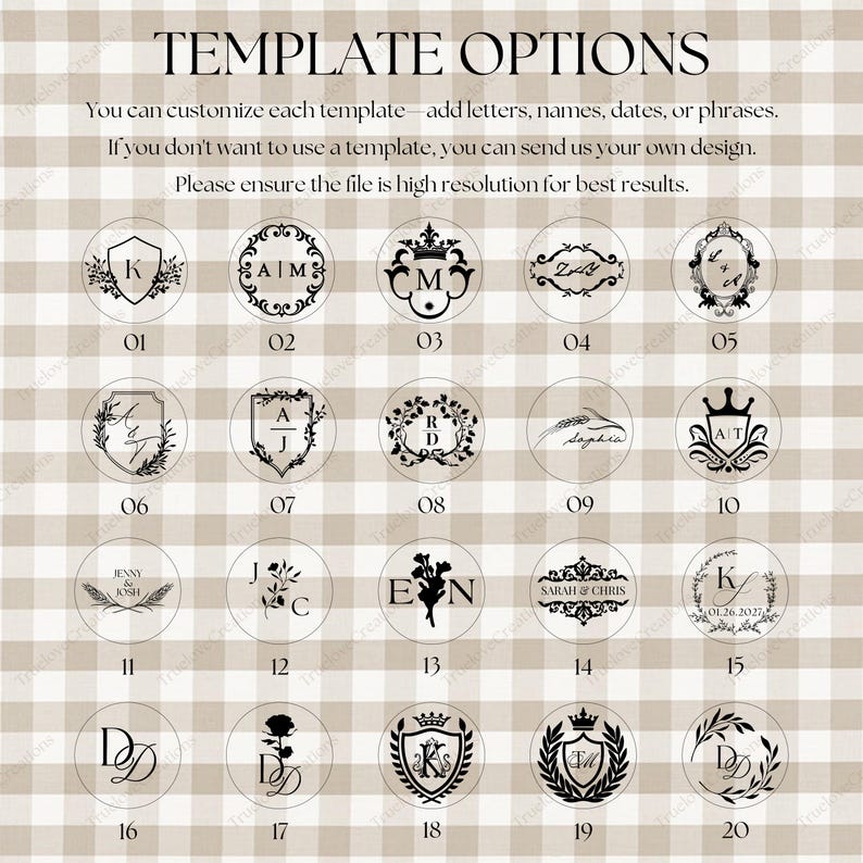 May include: A range of template options for custom designs, showcasing circular designs with initials, names, and dates. The templates include floral, crest, and monogram styles, with the text "TEMPLATE OPTIONS" at the top.