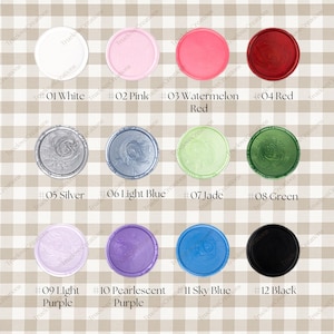 May include: Twelve wax seal colours are displayed, including white, pink, red, silver, light blue, jade, green, light purple, pearlescent purple, sky blue, and black. Each seal is round with a design and a number.