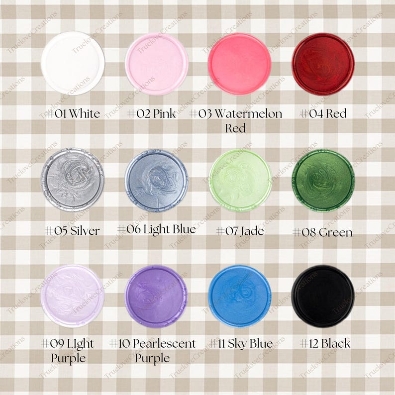 May include: Twelve wax seal colours are displayed, including white, pink, red, silver, light blue, jade, green, light purple, pearlescent purple, sky blue, and black. Each seal is round with a design and a number.