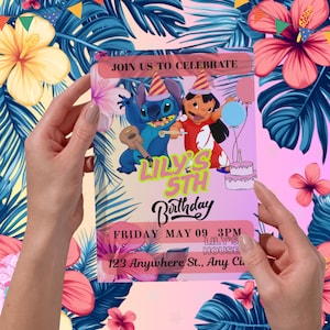 Modelo de convite de aniversário da Lilo & Stitch - Convite editável do Canva | Download digital para impressão | Convite de festa havaiana para crianças