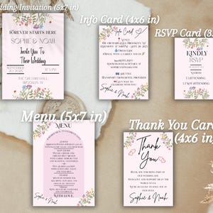 Cartão de detalhes do casamento, modelo de placa de boas-vindas para casamento, cartão de RSVP, cardápio de casamento, cartão de agradecimento, convite de casamento - conjunto de modelos de convite