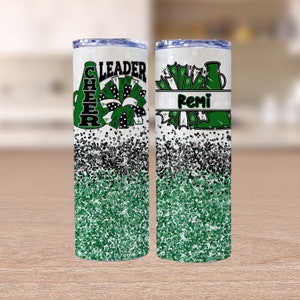 Cheer Tumbler, Cheerleader Tumbler, Cheerleader Gift, Cheer Team Gift, Cheerleader Water bottle, Green Black and White Cheer Team, Design180
