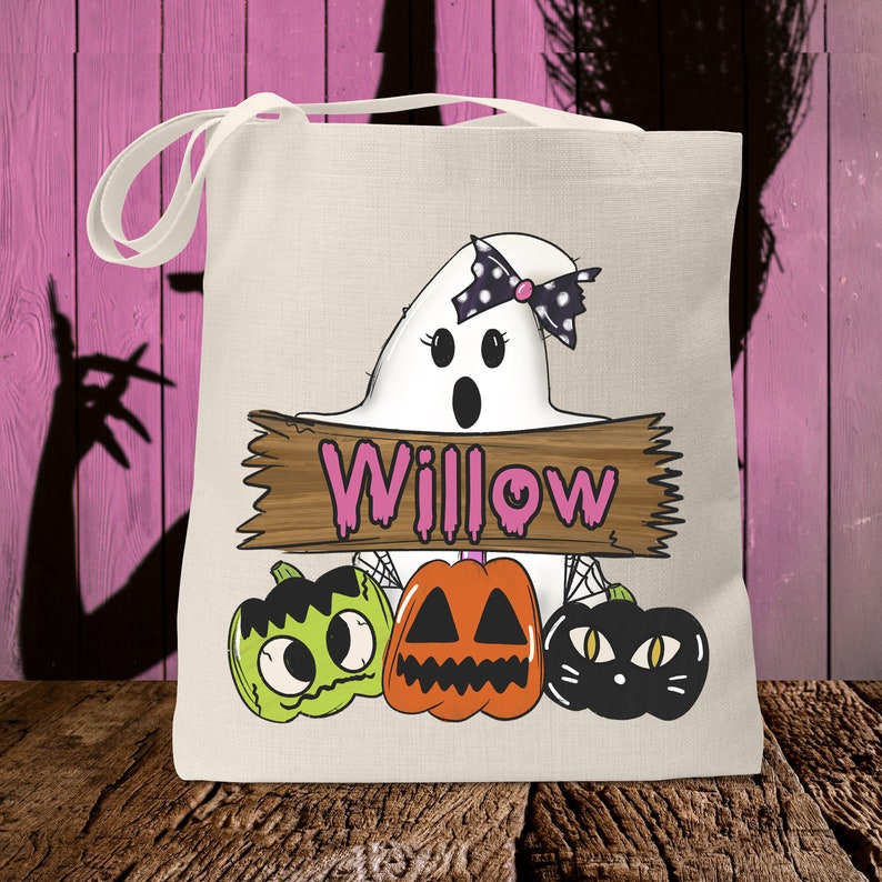 Personalized Halloween Tote Bag, Trick-or Treat Bag, Kids Trick or Treat Bag, Halloween Candy Bag, Halloween Candy Sack, Halloween Treat Bag Girl Design 3