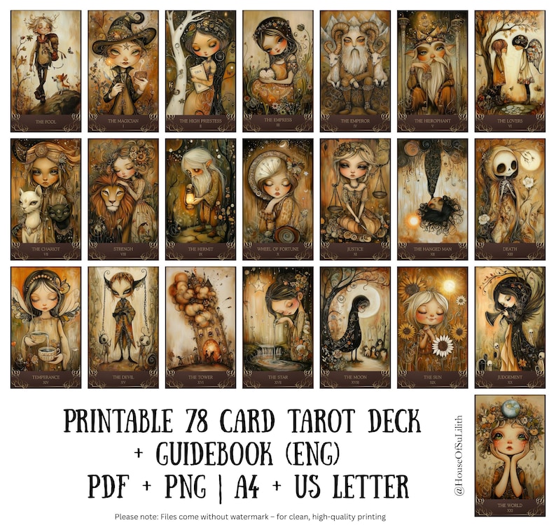 May include: A collection of 22 illustrated tarot cards with a whimsical, vintage aesthetic. Each card features a unique character or scene in warm, earthy tones. The text "PRINTABLE 78 CARD TAROT DECK + GUIDEBOOK (ENG)" is displayed below the cards.