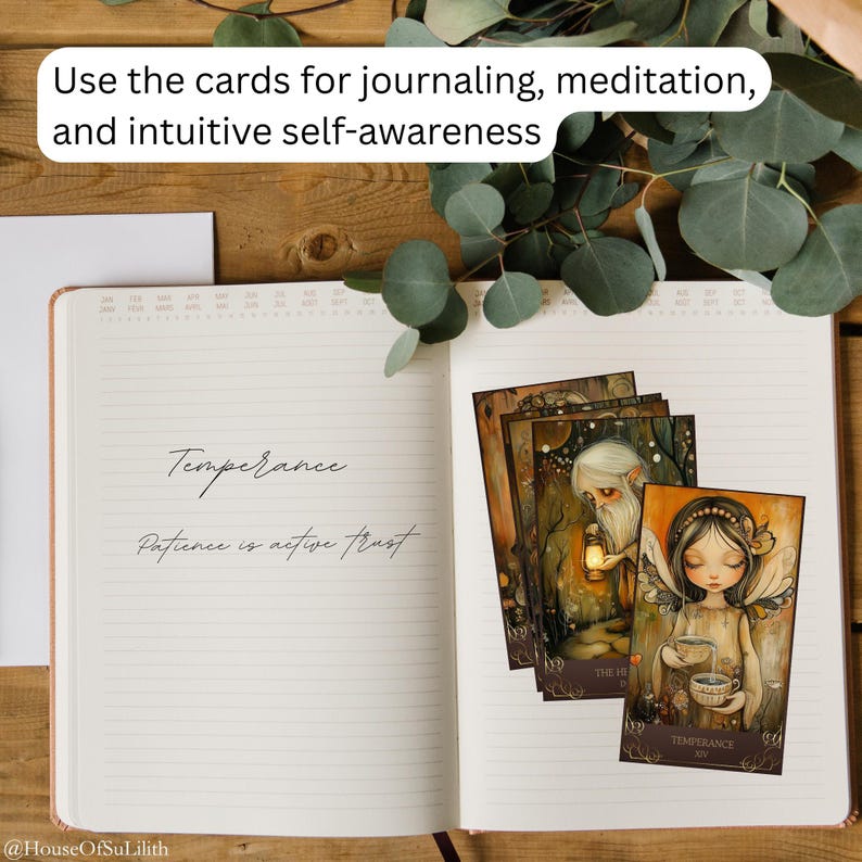 May include: An open journal with lined pages, featuring the word "Temperance" and the phrase "Patience is active trust." Several tarot cards with illustrations are placed on the right page. The text "Use the cards for journaling, meditation, and intuitive self-awareness" is at the top.