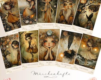 78 beautifully illustrated Printable Tarot Cards – light Edition (GERMAN) + 78-page guidebook (in German), PDF + PNG