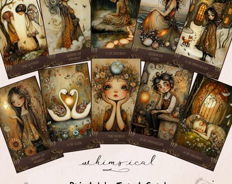 May include: A collection of whimsical tarot cards with illustrations of figures in flowing gowns, nature scenes, and celestial elements. The cards feature titles like "The Lovers," "Queen of Swords," and "The World." The text "Printable Tarot Cards" and "78 Cards + PDF Guidebook (EN)" are also visible.
