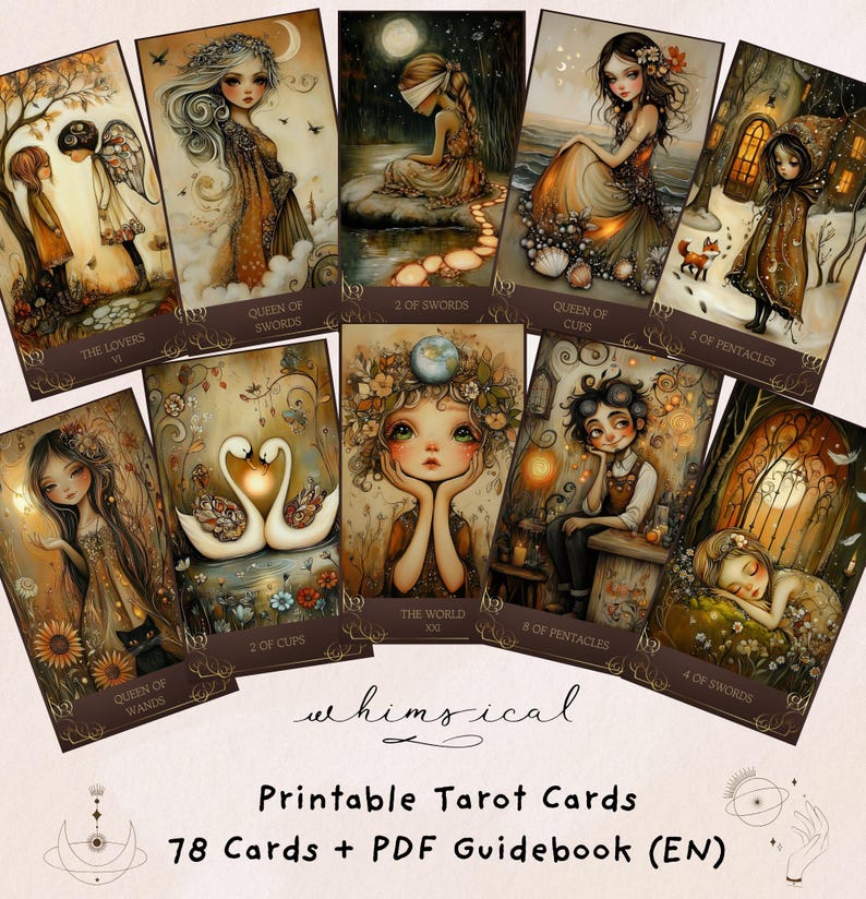 May include: A collection of whimsical tarot cards with illustrations of figures in flowing gowns, nature scenes, and celestial elements. The cards feature titles like "The Lovers," "Queen of Swords," and "The World." The text "Printable Tarot Cards" and "78 Cards + PDF Guidebook (EN)" are also visible.