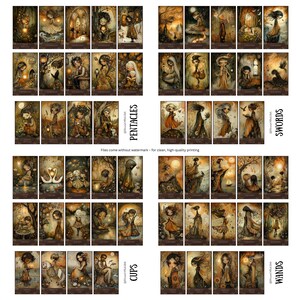 May include: A collection of tarot cards with whimsical illustrations in warm tones of brown, orange, and gold. The cards are categorized into suits: Pentacles, Swords, Cups, and Wands. The text "Files come without watermark - for clean, high-quality printing" is visible.