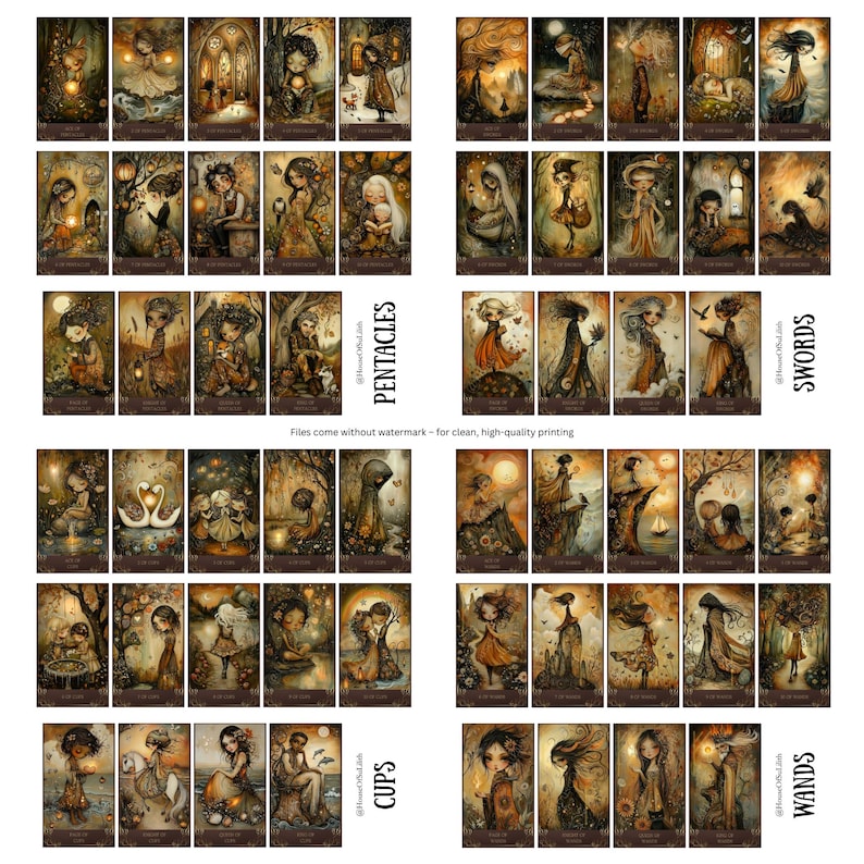 May include: A collection of tarot cards with whimsical illustrations in warm tones of brown, orange, and gold. The cards are categorized into suits: Pentacles, Swords, Cups, and Wands. The text "Files come without watermark - for clean, high-quality printing" is visible.