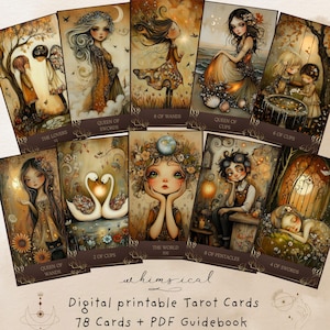 78 Cartas de Tarô para Imprimir + Guia em PDF (Inglês) | Edição Sombria | Trabalho de Sombra e Autoestima | PNG, A4 e Carta EUA | 3 Versos