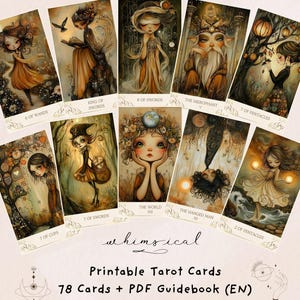 May include: A collection of whimsical tarot cards featuring illustrations of figures in various scenes. The cards have a vintage aesthetic with soft colors and detailed artwork. The text "whimsical" and "Printable Tarot Cards" are visible. The set includes 78 cards and a PDF guidebook.