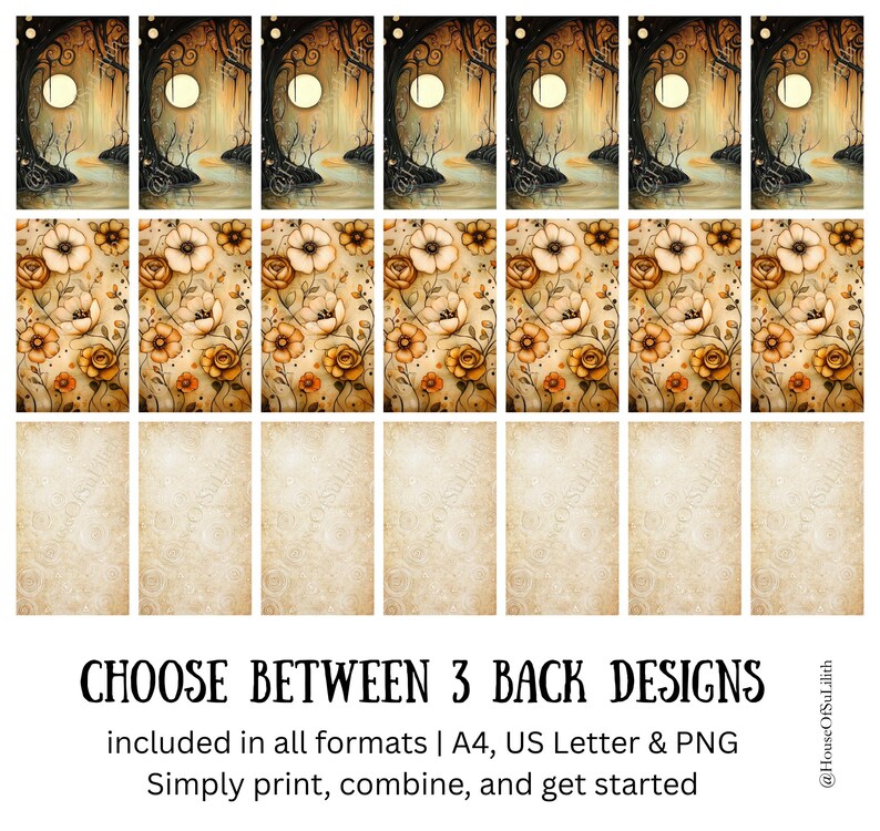 May include: A collection of printable designs featuring three distinct back designs. The top row showcases a moonlit forest scene, the middle row displays floral patterns, and the bottom row offers a vintage paper texture. Text reads: "CHOOSE BETWEEN 3 BACK DESIGNS."