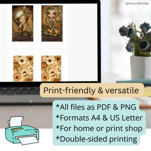May include: A laptop screen displays four tarot card designs and a floral pattern. The cards feature illustrations of figures with detailed artwork. Text on the screen reads "Print-friendly & versatile." Additional text includes file formats and printing options.