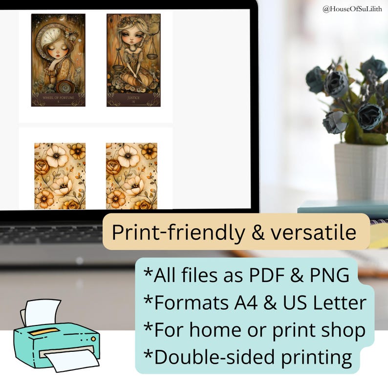 May include: A laptop screen displays four tarot card designs and a floral pattern. The cards feature illustrations of figures with detailed artwork. Text on the screen reads "Print-friendly & versatile." Additional text includes file formats and printing options.