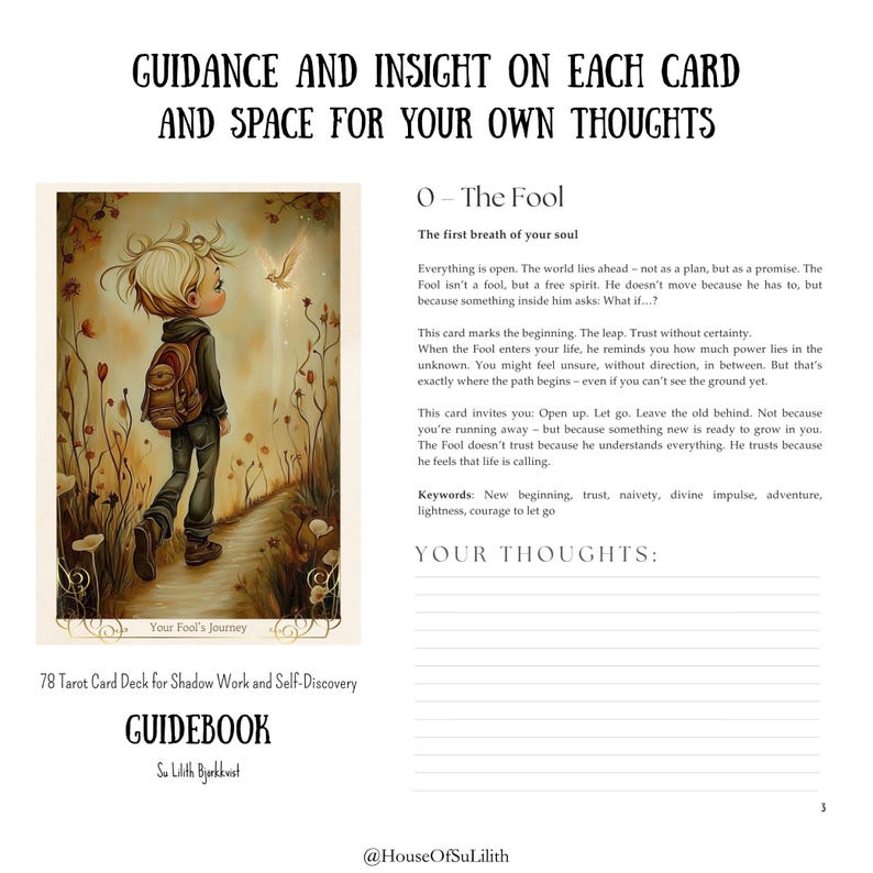May include: A guidebook for a 78-card tarot deck for shadow work and self-discovery. The image shows a card with an illustration of a child walking on a path. Text includes "Guidance and Insight" and "Your Fool's Journey."