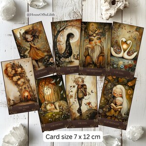 May include: A collection of tarot cards with whimsical illustrations in warm tones. The cards feature images of figures, nature scenes, and symbols. Card size is 7 x 12 cm. The text on the cards includes "The Tower", "6 of Wands", "The Moon", "The Hierophant", "2 of Cups", "4 of Swords", "The Fool", and "10 of Pentacles".