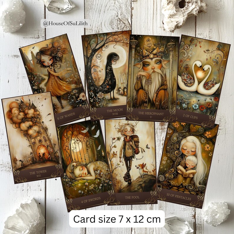 May include: A collection of tarot cards with whimsical illustrations in warm tones. The cards feature images of figures, nature scenes, and symbols. Card size is 7 x 12 cm. The text on the cards includes "The Tower", "6 of Wands", "The Moon", "The Hierophant", "2 of Cups", "4 of Swords", "The Fool", and "10 of Pentacles".