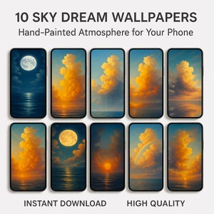 Handgemalte Himmel- und Wolken-Hintergründe - Künstlerische Handy-Hintergründe - Mond-, Meeres- und Sonnenuntergangsatmosphäre - Sofortiger Download