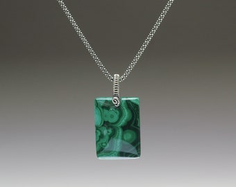 Malachite Rectangle with Wire Wrapped Bail Pendant