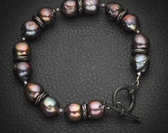 Purple Peacock Baroque Pearl and Gunmetal Bracelet