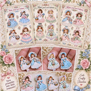 May include: A digital craft sheet featuring illustrations of young children in Victorian-style dresses, with text reading "MAKE YOUR OWN BUTTONS," "Print Cut Create," "Turn printables into little treasures!," and "Sweet vintage designs for charming DIY button projects."
