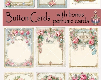 May include: A collection of vintage-style button cards with floral and button embellishments. The cards feature a cream-colored background with pink roses and the word "BUTTONS". The image also includes bonus perfume cards.