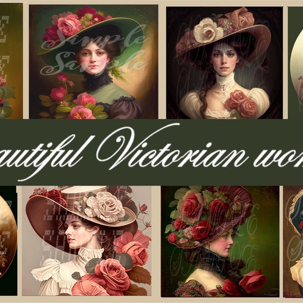 8 beautiful Victorian lady images in big hats  printable wall art digital download