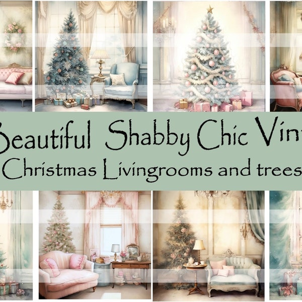 Shabby chic Christmas livingrooms and Christmas trees 16 images, digital download, epehemera, junk journal, card making, decoupage