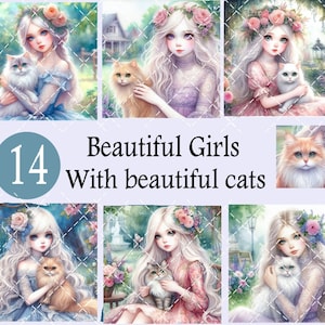 14 Beautiful girls with thier beautiful kitty cats,  digital download, junk journal ephemera, printable wall art, decoupage, crafts, DIY