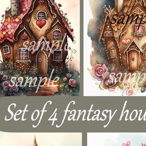 Set 0f 4 fantasy gingerbread houses   digital download- card making- epehmera, tags, envelopes, journal