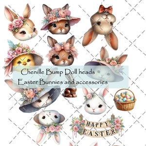 May include: A collection of Easter bunny heads and accessories. The bunny heads are made of chenille and have different expressions. The accessories include a basket of Easter eggs, a sign that says "Happy Easter", and a Peter Cottontail sign.