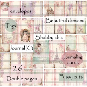 shabby chic journal kit, double pages, envelopes, fussy cuts, journal cards, tags, ephemra, digital download