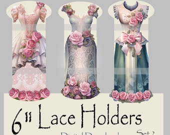 May include: Six printable 6-inch lace holders featuring vintage-inspired illustrations of women in dresses with floral accents. The lace holders are perfect for displaying and organizing lace, ribbon, or other craft supplies.  "6" Lace Holders Digital Download Set 2 is printed on the image.