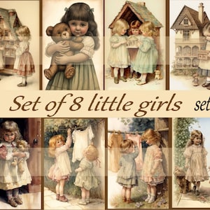 8 cute vintage little girls playing with dollhouse, walking the dog, hanging up clothes, hugging a teddy bear digital download