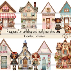 Raggedy Annie doll shop and teddy bear shop, graphic collection,ephemera digital download, junk journal ephemera, decoupage