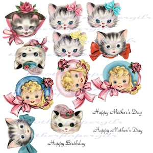 May include: A digital collage sheet with images of cute cartoon girls and cats wearing hats and bows. The images are perfect for scrapbooking, card making, and other paper crafts. The sheet includes the text "Happy Mother's Day", "Happy Birthday", and "congratulations".