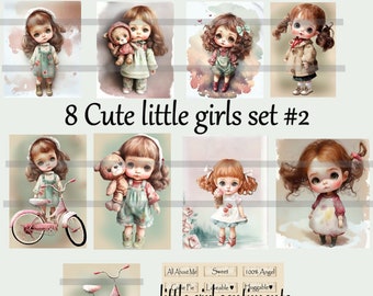 8 cute little girl graphics, with little girl quotes and a pink bike (set 2) digital download, junk journal ephemera, printable wall art