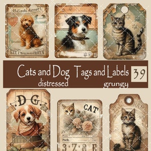 Op de afbeelding: Zes vintage-stijl labels met beschadigde randen met afbeeldingen van katten en honden. De labels hebben tekst die "Cats and Dog Tags and Labels 39 distressed grungy", "D.G.", "CAT", "RAM", "Haliads Manner L" en "REETBUNDEREN" luidt.