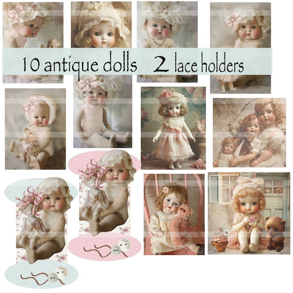 10 Antique dolls  with 2 antique doll lace holders ready to cut and use, ephemera digital download, junk journal ephemera