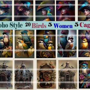 32 Boho images, 20 birds, 5 women, 5 birdcages, victorian, vintage, elegant, junk journal