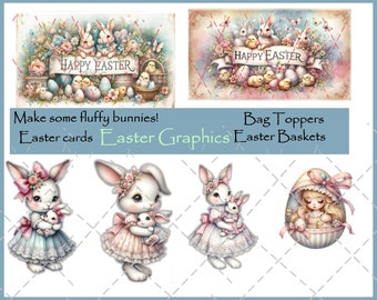 Easter graphics for bag toppers, easter baskets and furry bunnies, digital download