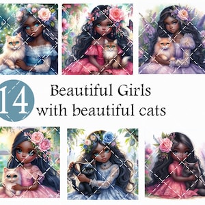Beautiful black girls with their beautiful kitty cats, 14 single images,  digital download, junk journal ephemera, crafts, DIY