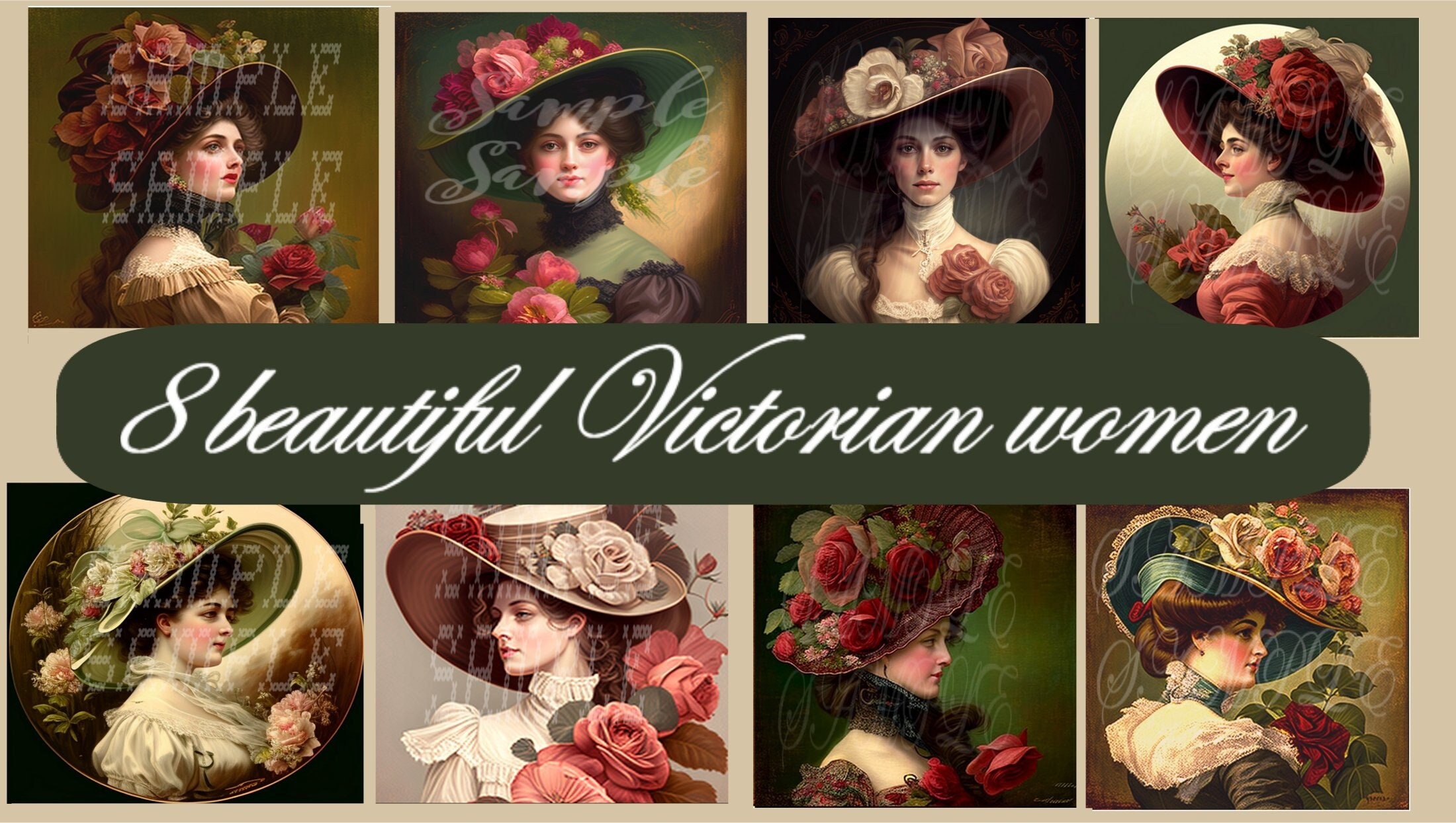 8 Beautiful Victorian Lady Images in Big Hats Printable Wall Art ...