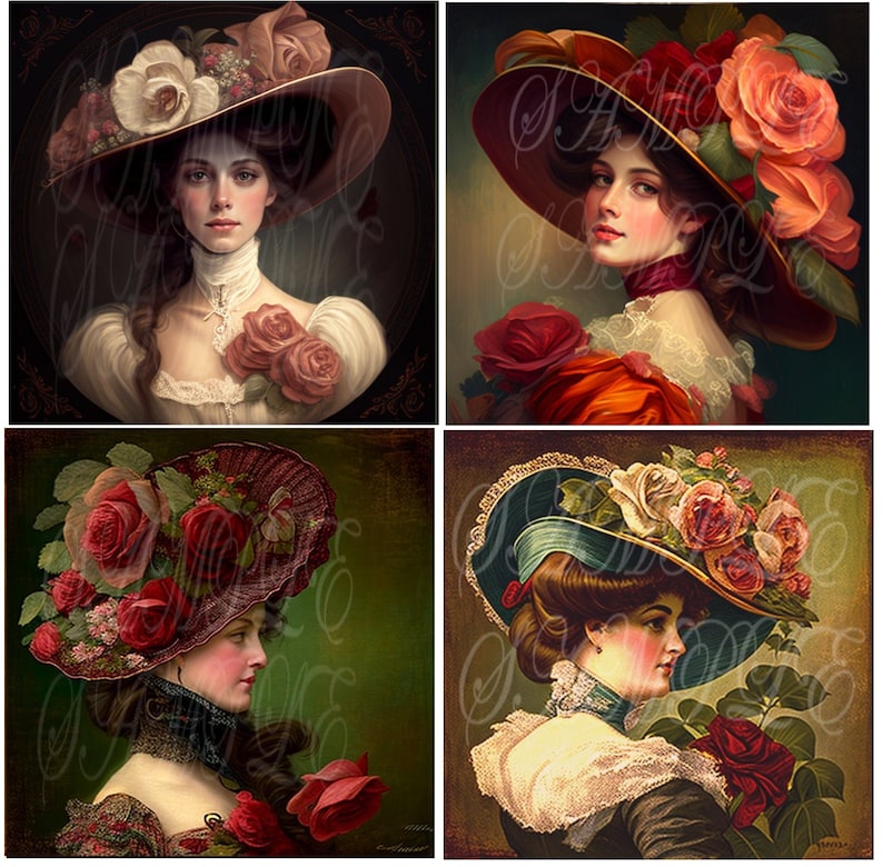 8 Beautiful Victorian Lady Images in Big Hats Printable Wall Art ...