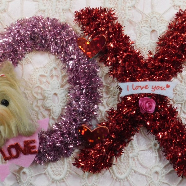 Handmade Yorkie dog on a Valentine decoration XO