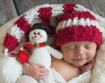 Newborn Christmas hat- Striped red white hat-baby elf hat