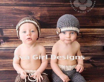 Baby pant and hat set in charcoal grey and cream brown and cream